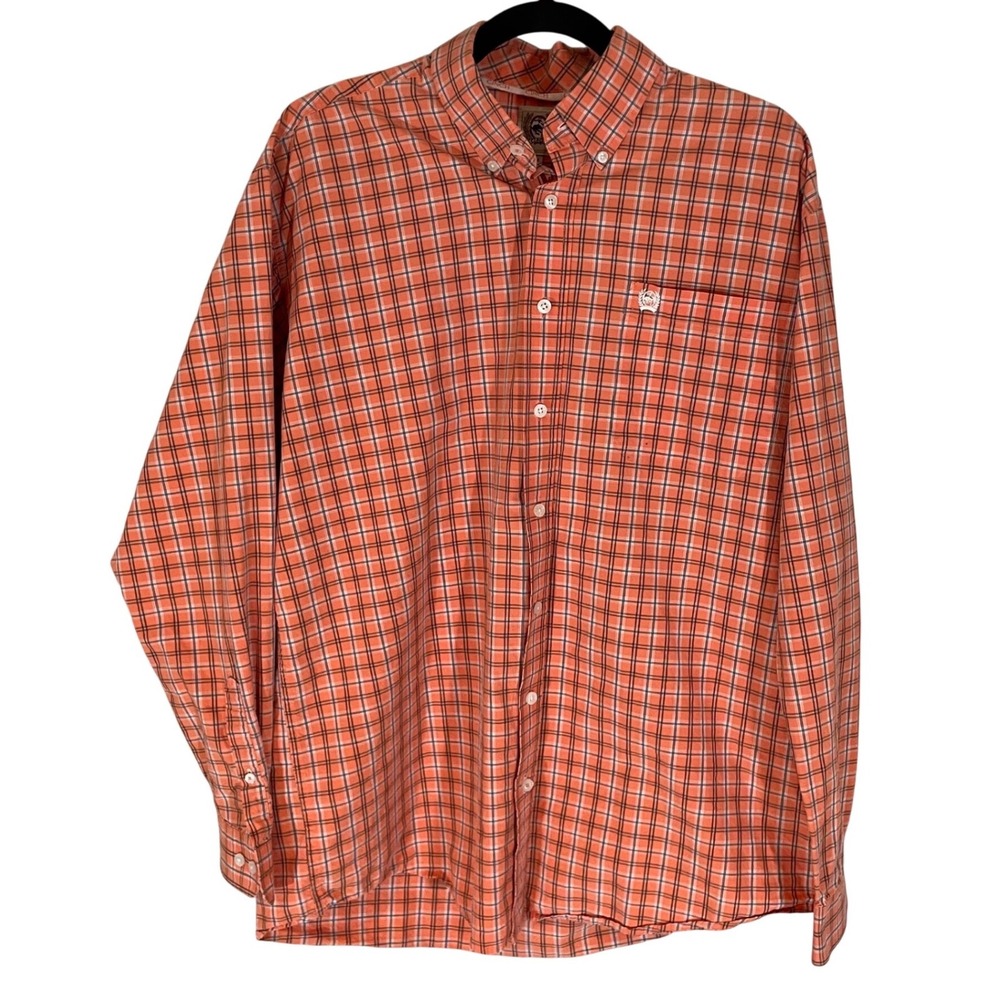 Cinch‎ Mens Orange Plaid Long Sleeve Western Button Down Shirt Size M Workwear